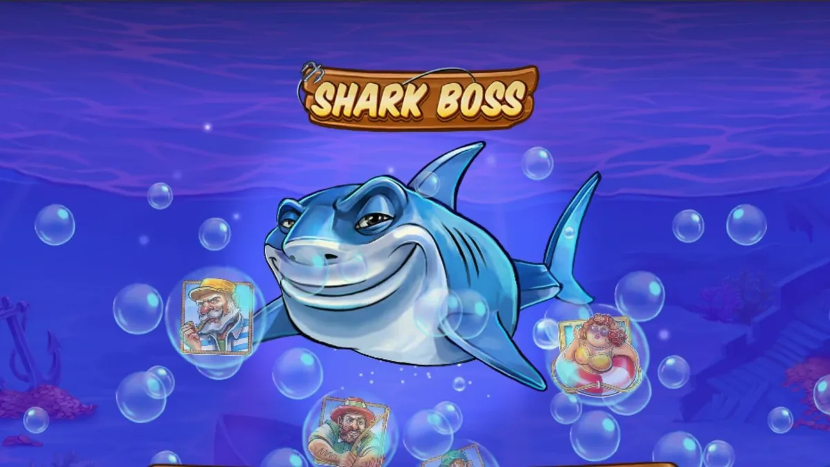 Shark Boss slot game interface na nagpapakita ng pating sa bangka